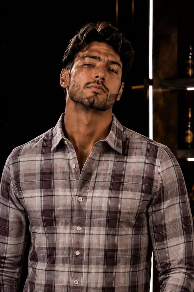 Men's Premium Purple & Beige Plaid Formal Shirt