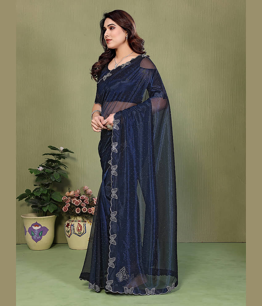 ANAND SAREES Net Solid Regular Saree With Unstitched Blouse Piece ( Blue ) view 2