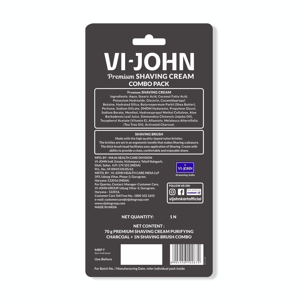 VI-JOHN Purifying Charcoal Premium Shaving Cream Enriched With Aloevera & Jojoba Oil and Shaving Brush From Paraben-70g (Pack of 12) view 2