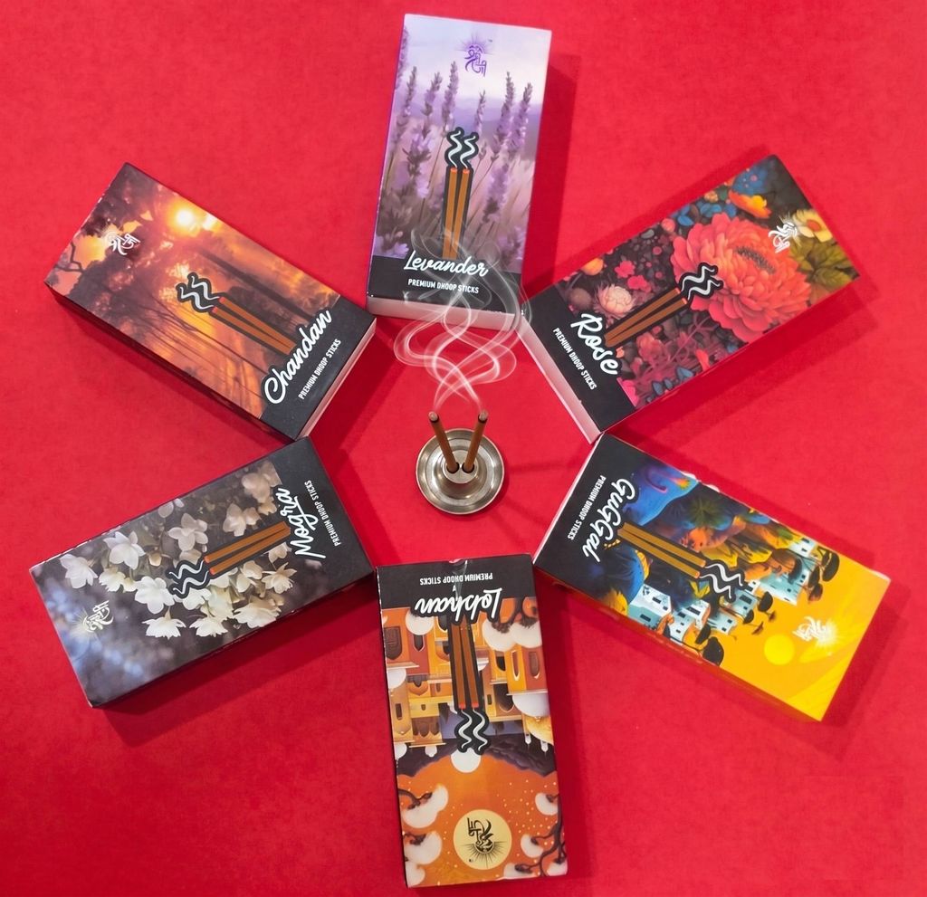 Shri Shriji Flam the Aromatic peace 6 in1 Combo Pack- Rose,Mogra,Levender,Lobhan,Gugga ,Chandan, 100 grams each 45 sticks in each view 2