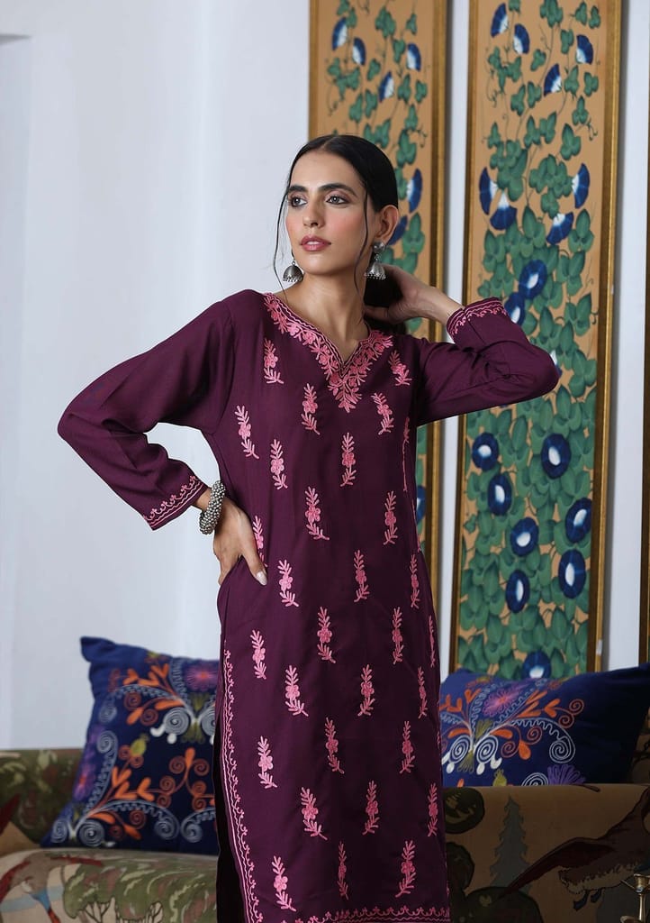 HOC Crafts Aari Embroidered Cotton Solid Women's Long Kurta - Dark Purple view 2