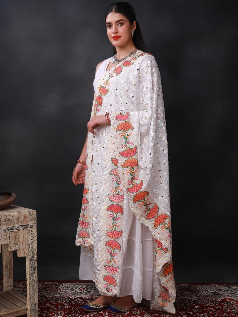 White Phulkari Dupatta from Punjab with Multicolor Pair Of Peacock Embroidered Motif and Bead-Mirror Work view 2