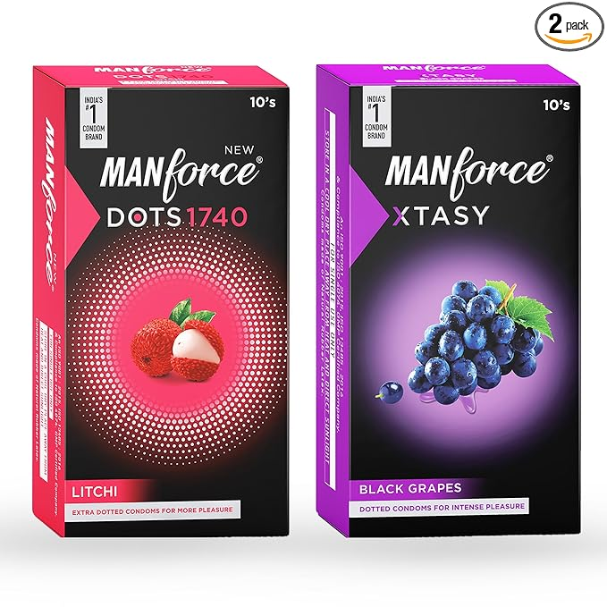 MANFORCE 3 in 1 (Ribbed Contour Dotted) Wild Black Grapes Flavoured Condoms- 10 Pieces & Extra Dotted Litchi Flavoured Condoms - 10 Pieces Condom (Set of 2 20 Sheets)