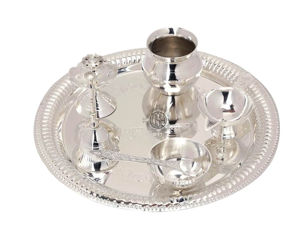 Pooja Thali Set silver plated of 7 Pcs with Velvet Gift Box Packing for Poojan Purpose Home Temple view 2
