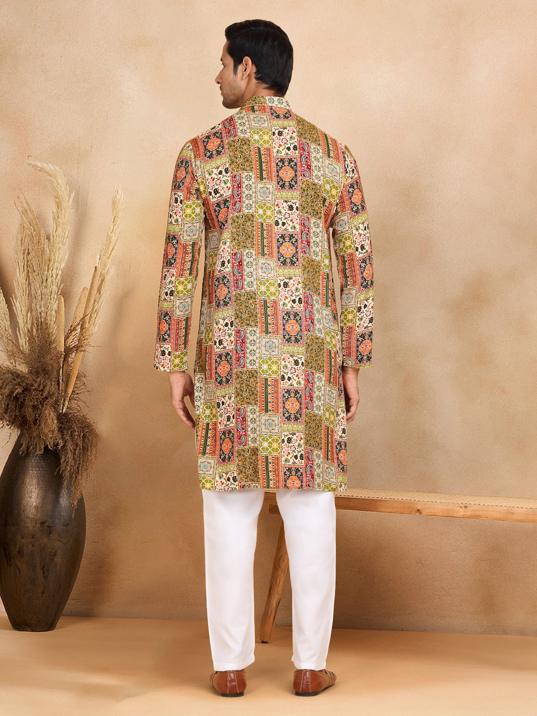 KRAFT INDIA Men's Rayon Ethnic Motif Printed Regular Straight Kurta With Elastic Waistband White Pyjama Set view 2