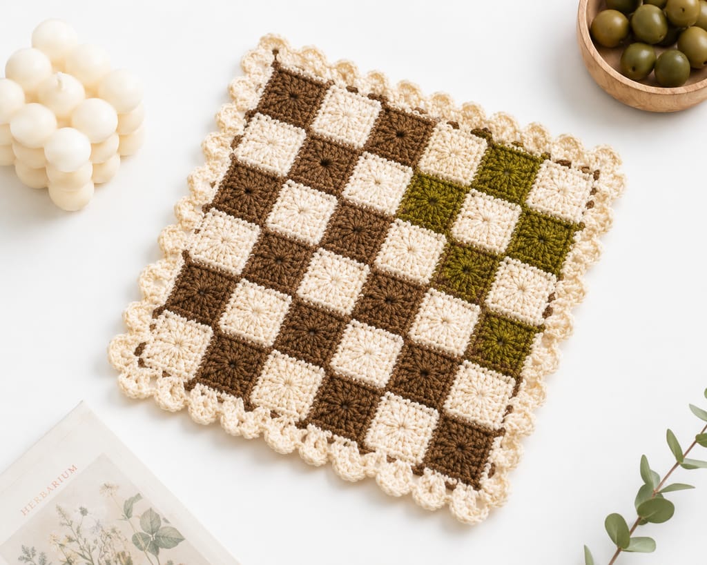 Hand-Crocheted Granny Square Table Mat - Tricolor Plaid view 2