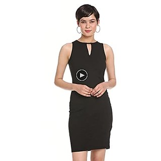 Miss Chase Womens Super Comfortable Black Solid Sleeveless Round Neck Mini Bodycon Dress with Zip Closure view 2
