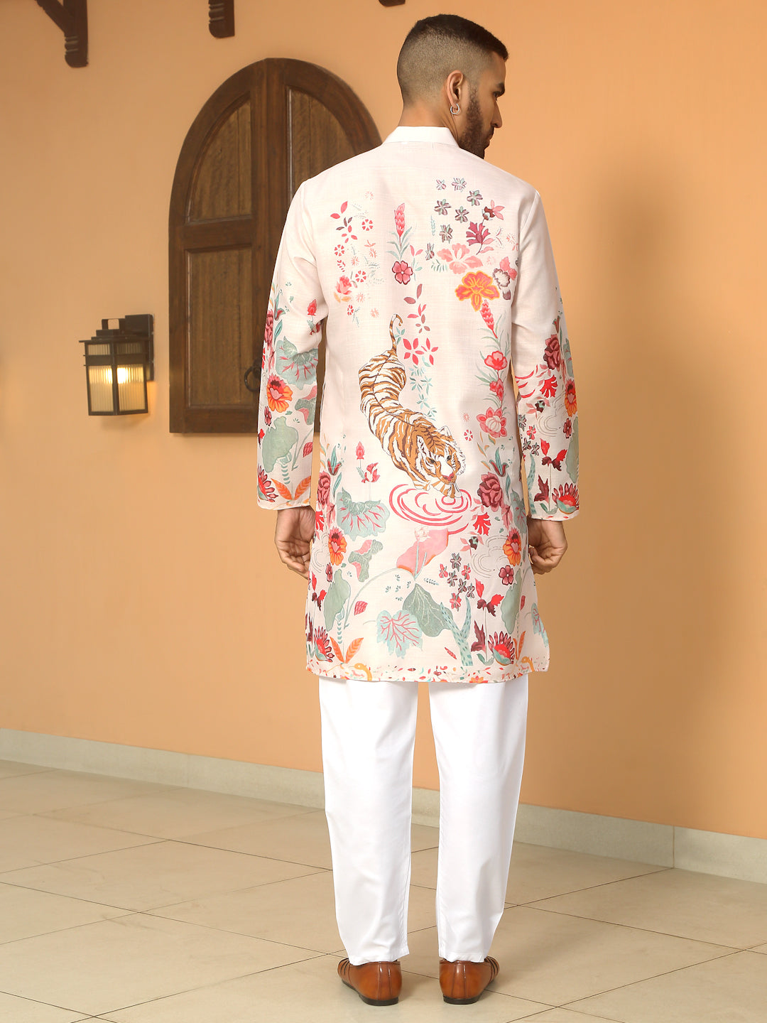 Animal Print Cotton Straight Beige Kurta With White Elastic Waistband Pyjama Set view 2