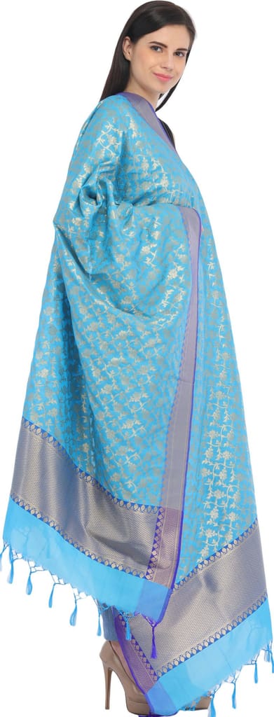 Cyan-Blue Banarasi Brocaded Zari Thread Dupatta with Floral Weave view 2