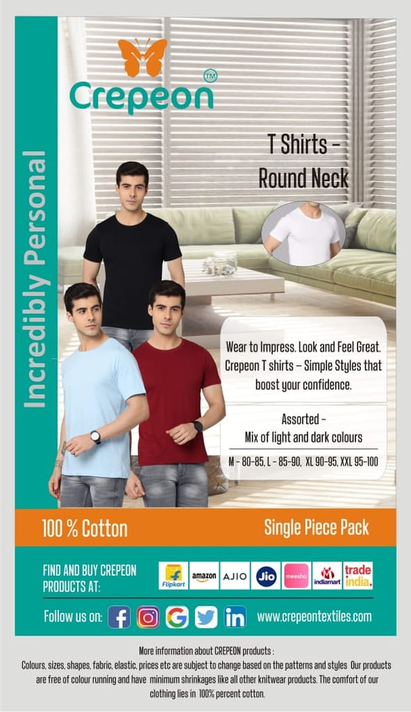 Crepeon Mens Plain Round Neck T shirt view 2