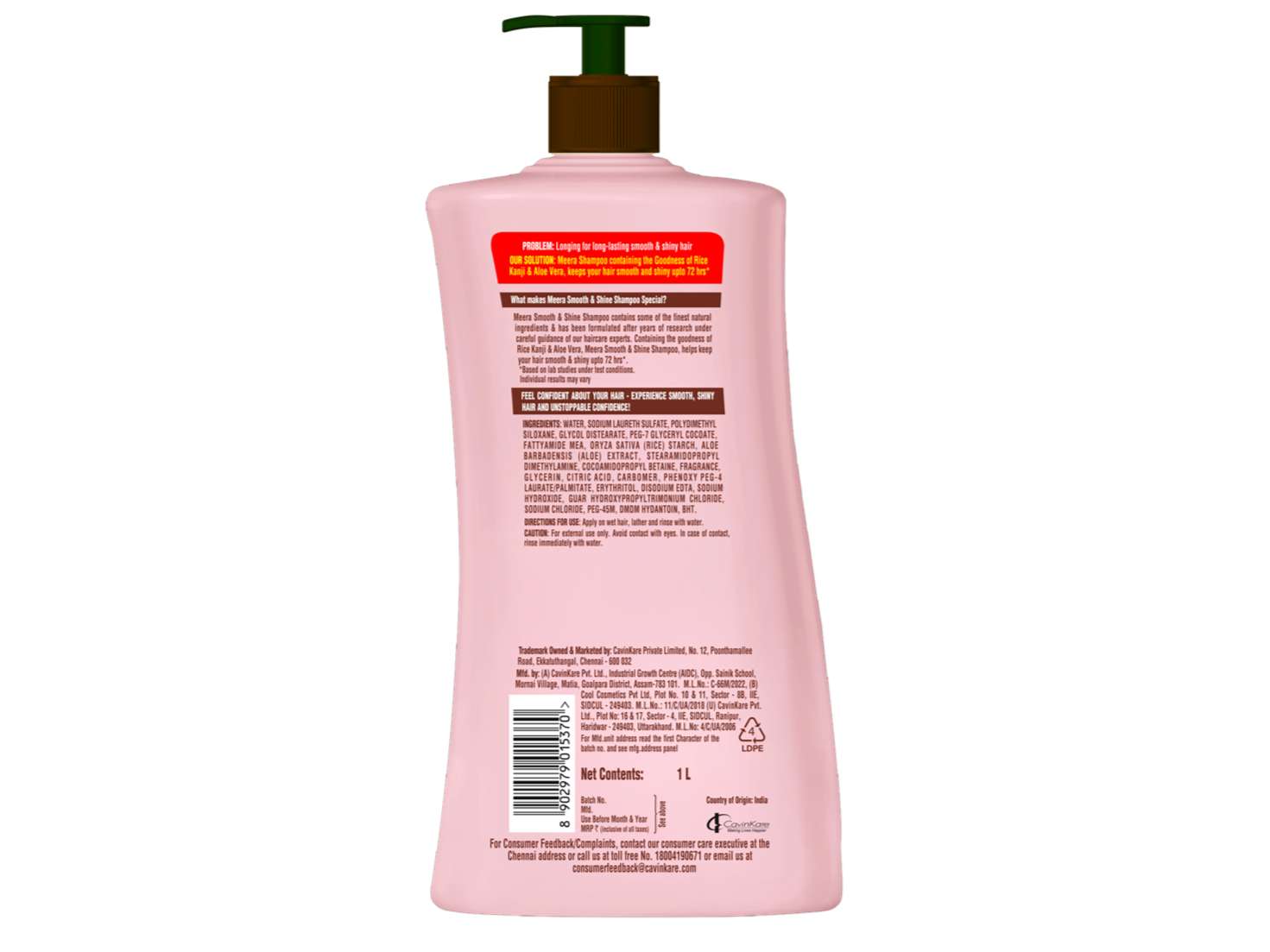 Meera Smooth & Shiny Shampoo with Rice Kanji & Aloe Vera, 1 Litre - Up to 72H Smoothness & Shine For Men & Women view 2