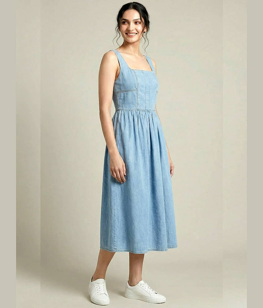 Addyvero Women Denim Solid Fit & Flare Dress ( Light Blue ) view 2