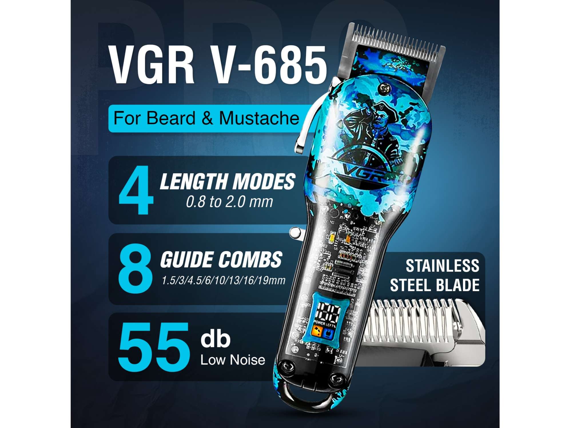 VGR V-685 Professional Hair Clipper with LED display Trimmer 300 min Runtime 8 Length Settings (Blue) view 2