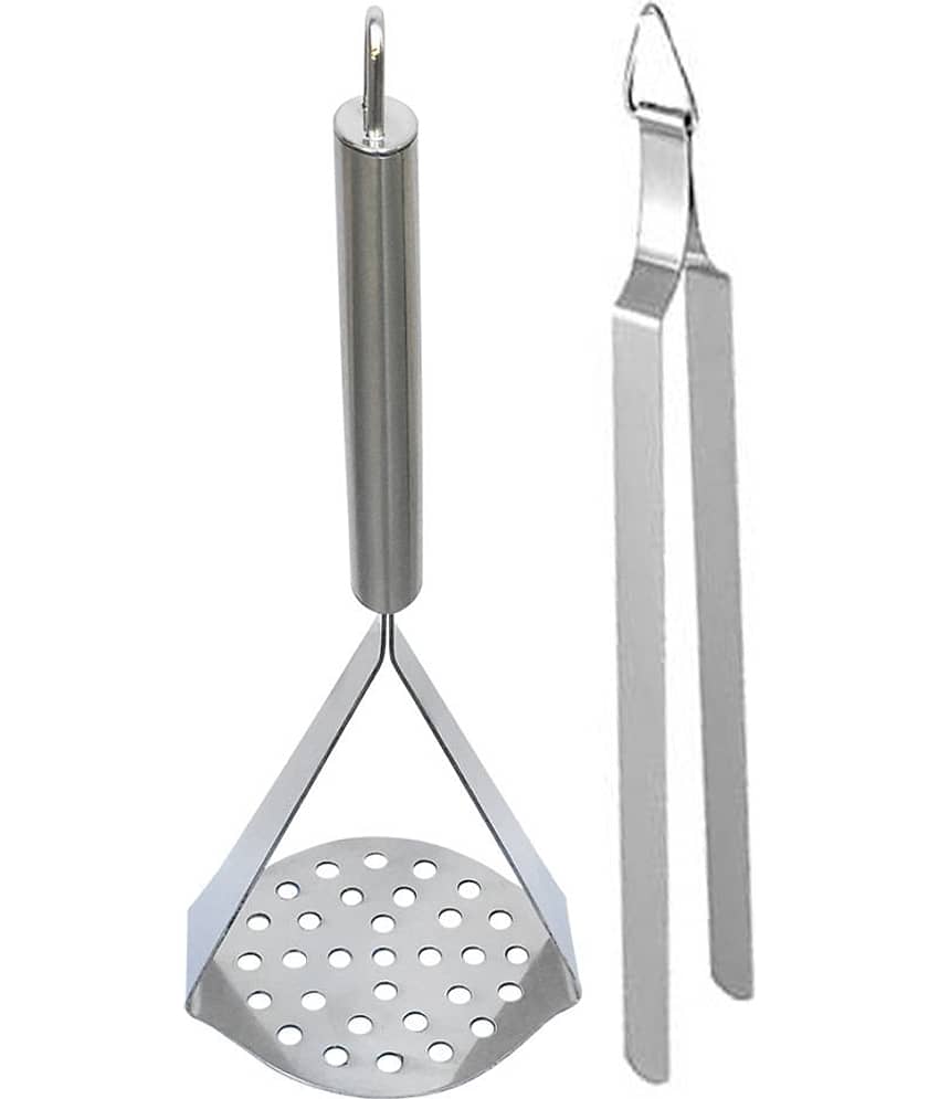 JISUN G6T Stainless Steel Potato Masher/Pav Bhaji masher/ Vegetable Masher and Tong Roti Sekne Chimta Silver Kitchen Tool Set (Silver)