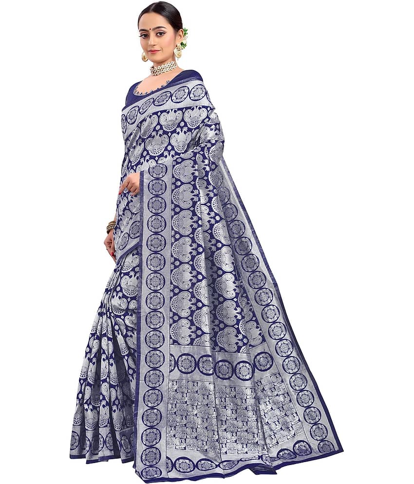 Sariya Jacquard Woven Saree With Unstitched Blouse Piece ( Navy Blue ) view 2