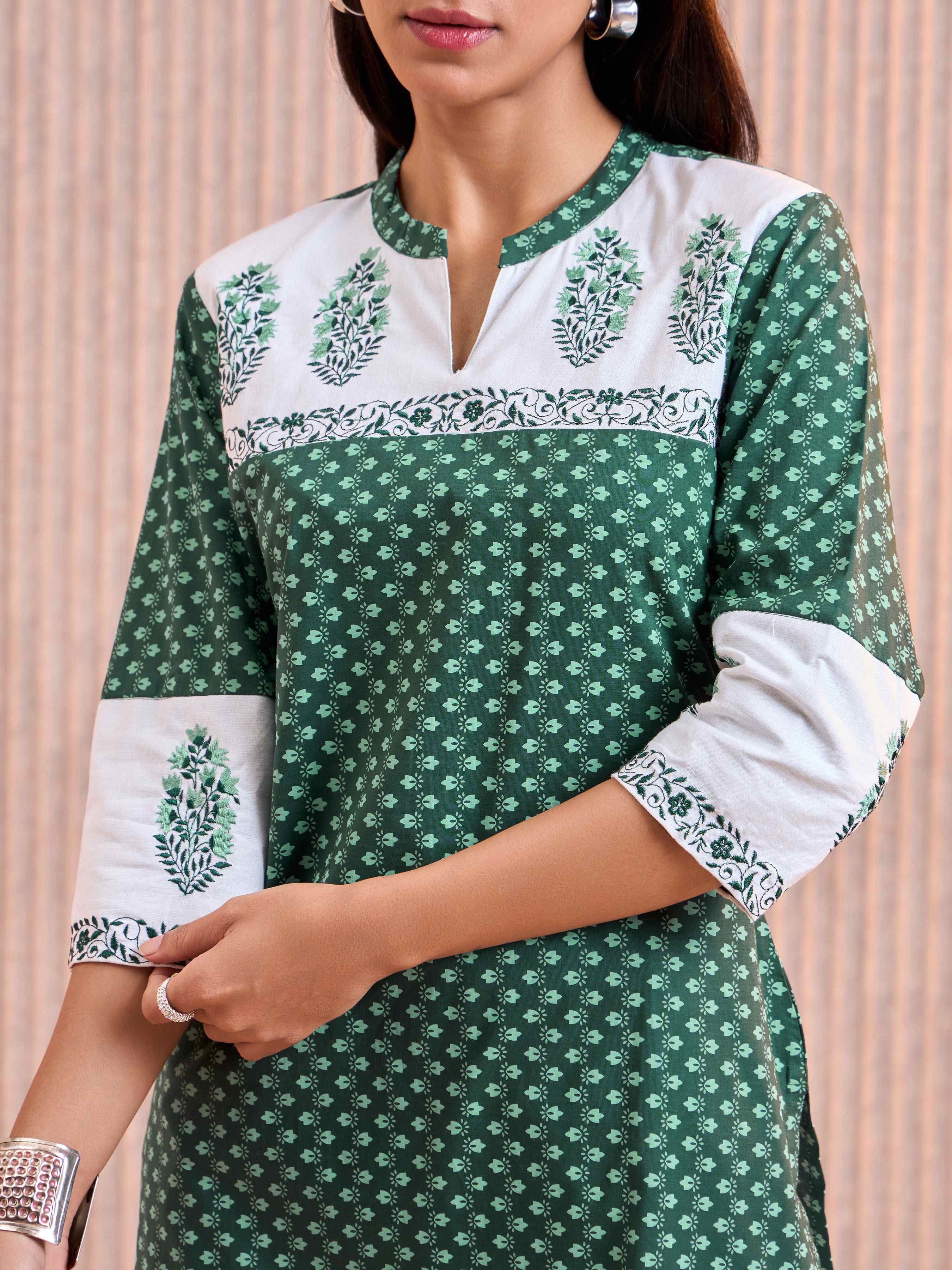 Green And White Pure Cotton Printed Kurti With Embroidery view 2