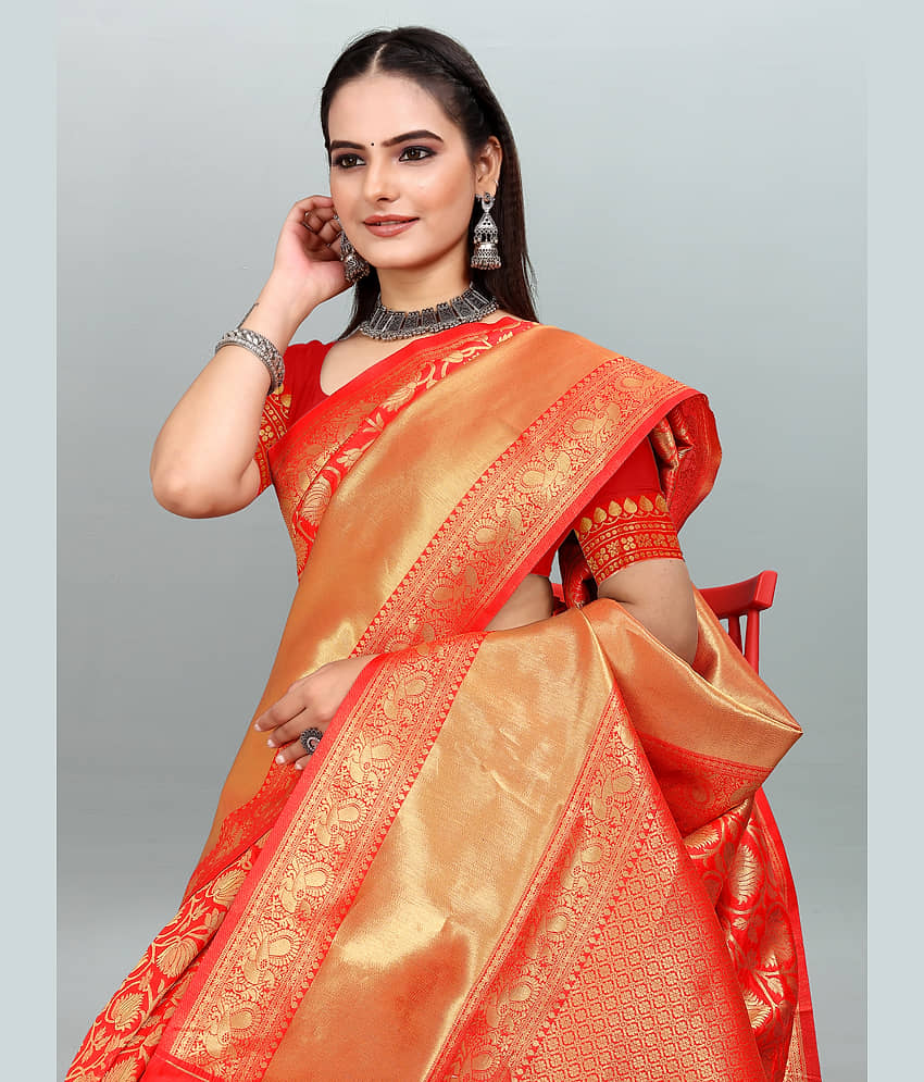 Om Shantam Sarees Banarasi Silk Embellished Saree With Unstitched Blouse Piece ( Red ) view 2