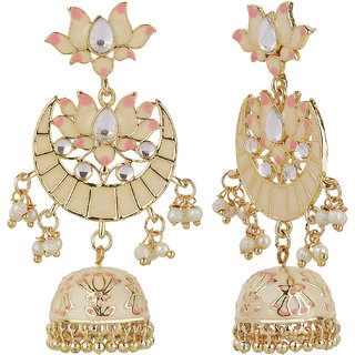 Small Lakshmi Lotus Chand Baali Earrings Golden Pink Brass Alloy Copper Material Earrings for Women's Fashion Jewelry view 2