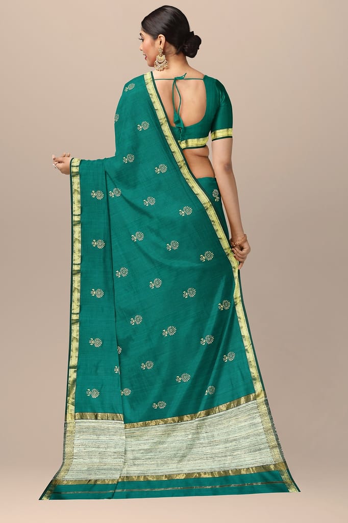 Bottle Green Buti Motif Handwoven Hand Block Print Sausar Silk With Ghicha Palla Saree SKU-AS10063 view 2