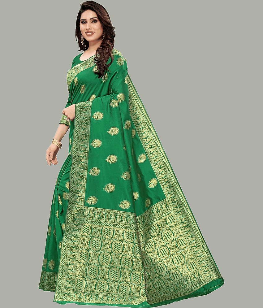 GARIYA Banarasi Silk Embellished Saree With Unstitched Blouse Piece ( Blue ) view 2