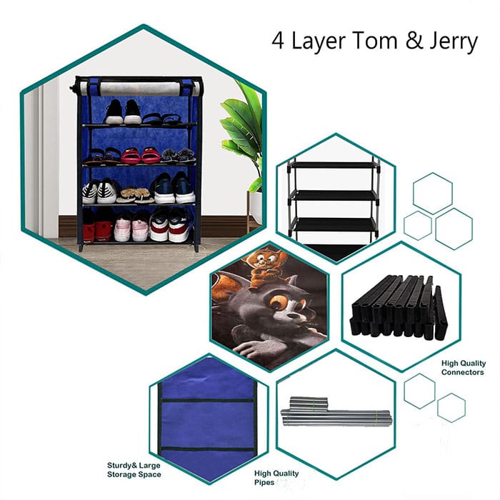 PHILOSHOP 4 Layer Metal Shoe Rack with Tom & Jerry Blue Cover – Fun & Sturdy Shoe Organizer for Kids and Home Use view 2