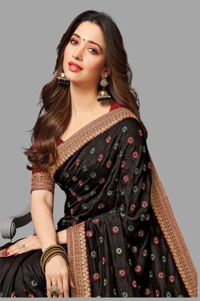 HHK Fashion Women's Work Vichitra Silk 5.5 Meter Saree with Unstitched Blouse Piece view 2