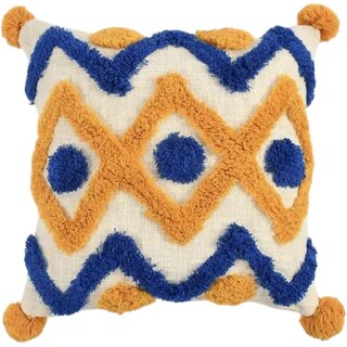 Vibrant Geometric Cushion Cover with Pom-Pom Accents