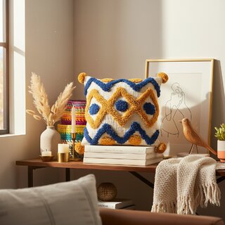 Vibrant Geometric Cushion Cover with Pom-Pom Accents view 2