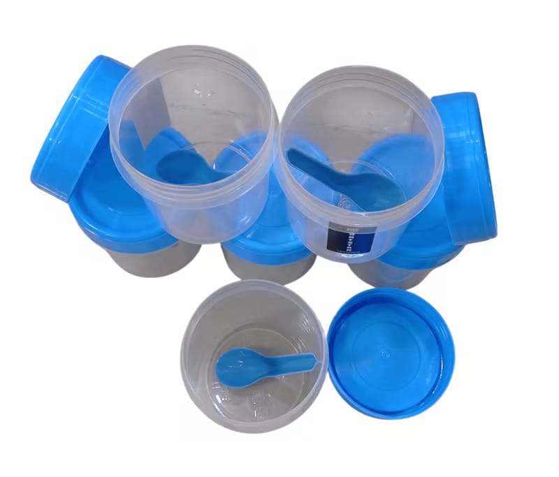 Set of 6 Clear Plastic Storage Containers with Blue Lids and Spoons -Nandikotkuru view 2