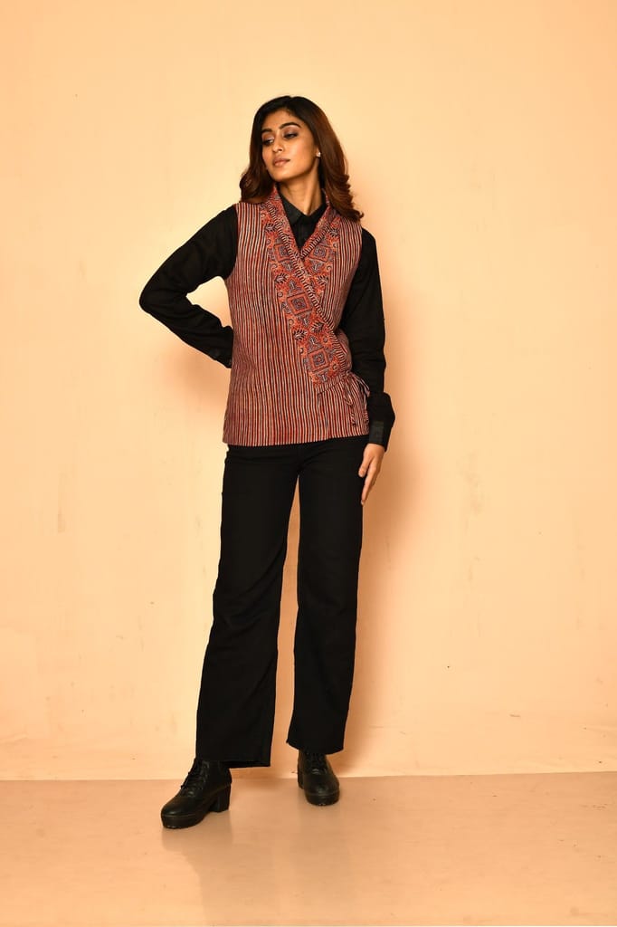 Red cotton Ajrakh natural dye shawl jacket for women view 2