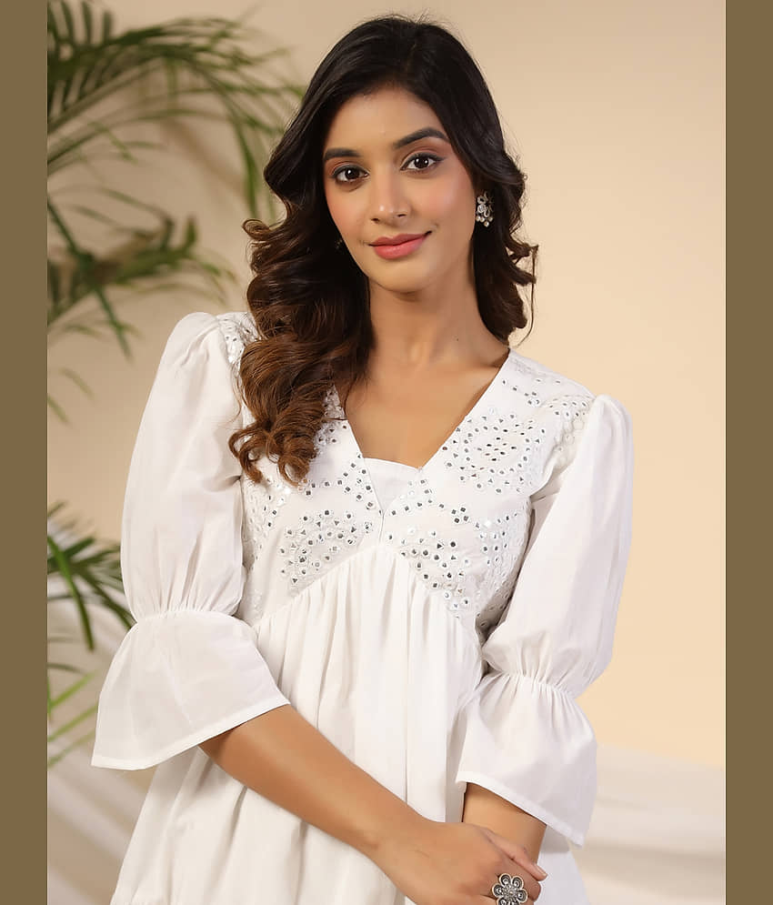 Juniper Women Cotton Embellished Fit & Flare Dress ( White ) view 2