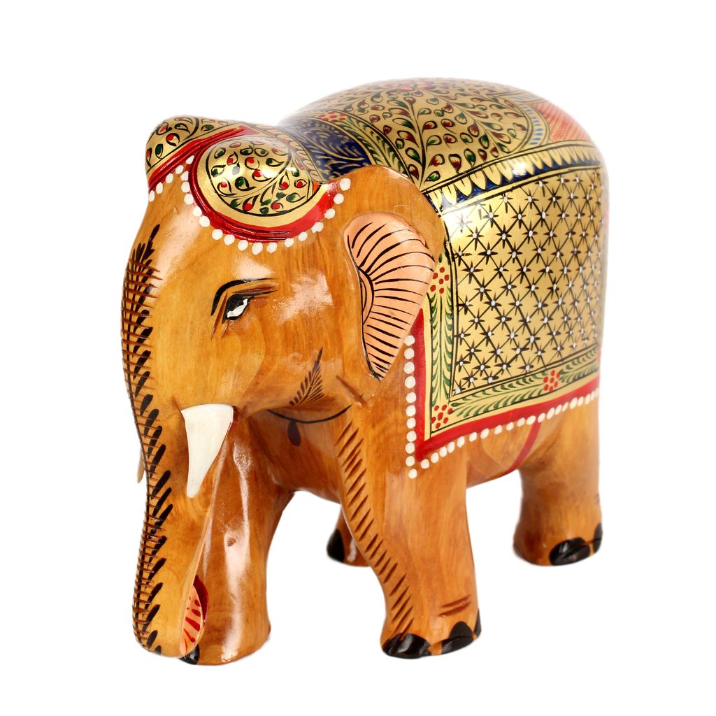 Tribes India Brown Handcrafted Wooden Elephant With Gold Painting view 2