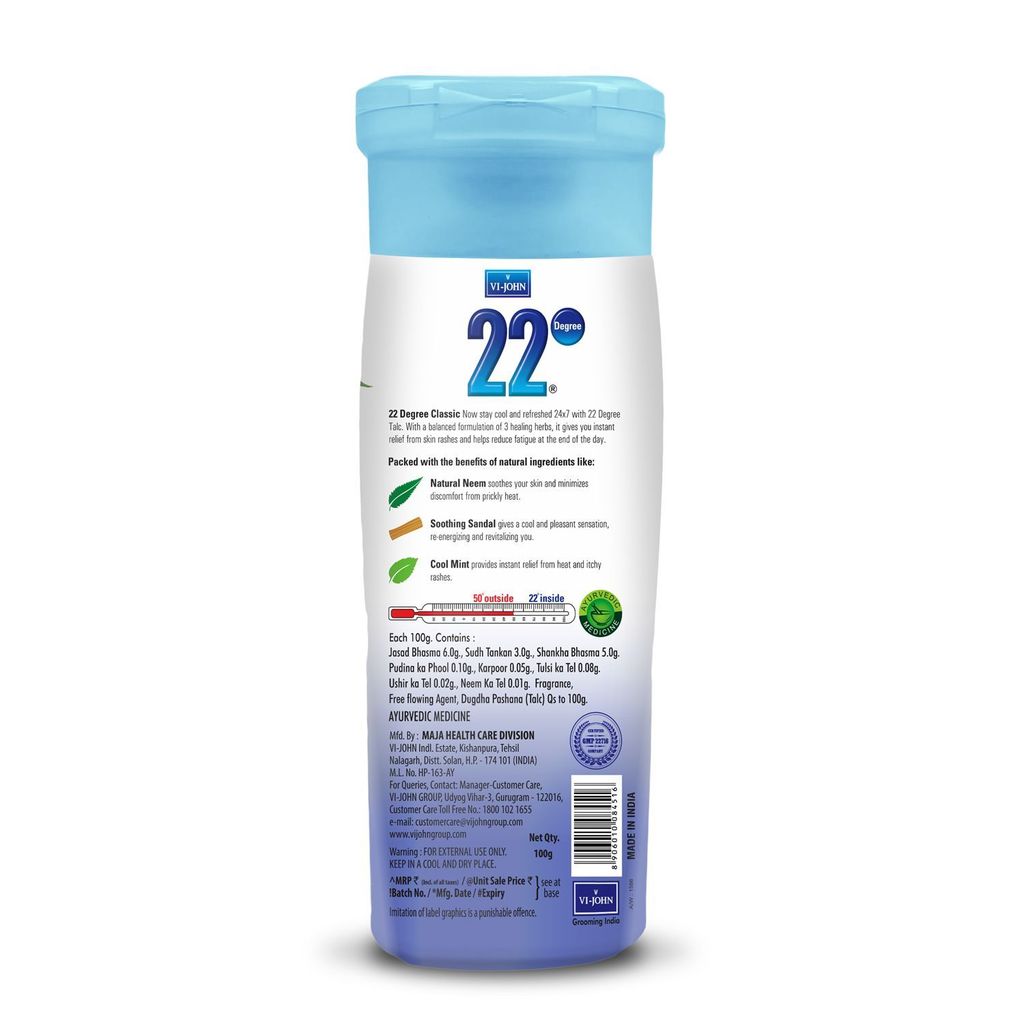 VI-JOHN 22 Degree Cooling Ayurvedic Talc Beat The Heat(Neem+Sandak+Mint) 100g (Pack of 12) view 2