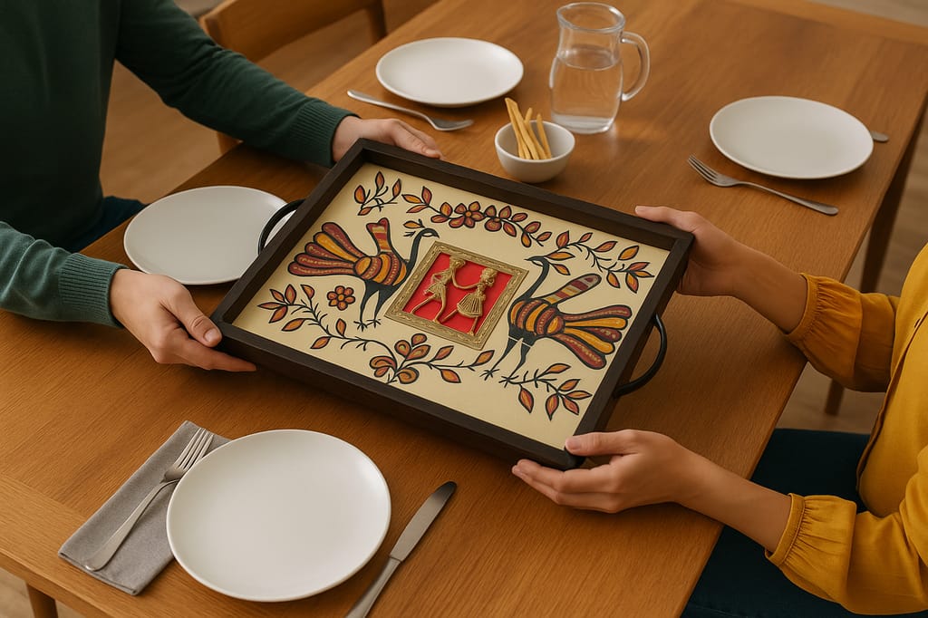 Hand-Painted Wooden Folk Art Decorative Serving Tray with Peacocks and Figures view 2