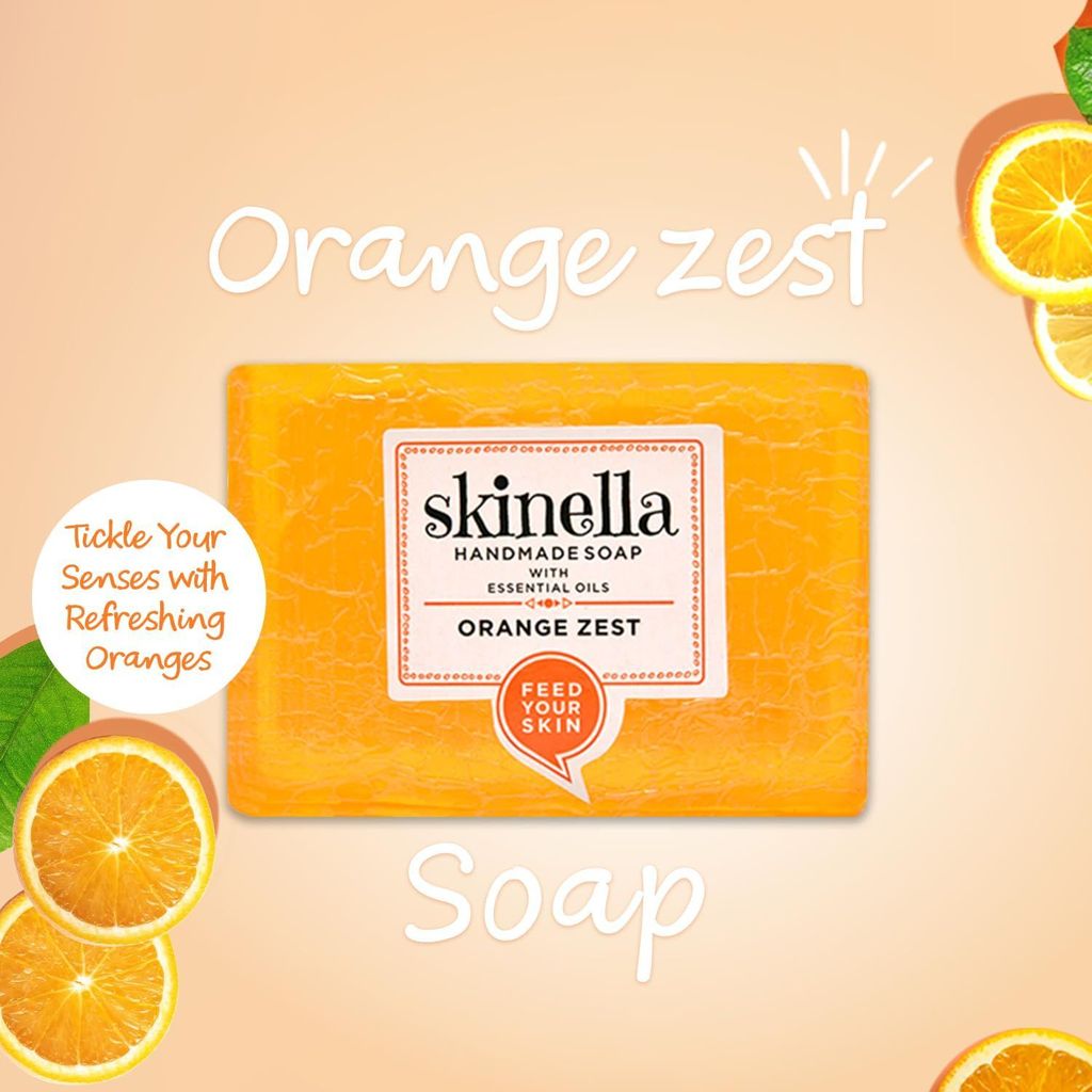 Skinella Orange Zest Soap - Herbal Bathing Bar for Fresh Skin - Natural Soap Infused with Essential Oils - Gentle Exfoliation for All Skin Types - Pack of 3 (100gm*3) (300gm) view 2