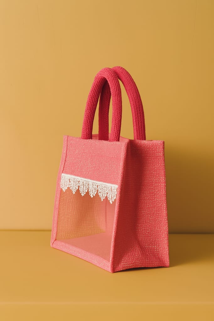 Dark Pink Jute & Net Tote Bag with Lace Detail view 2