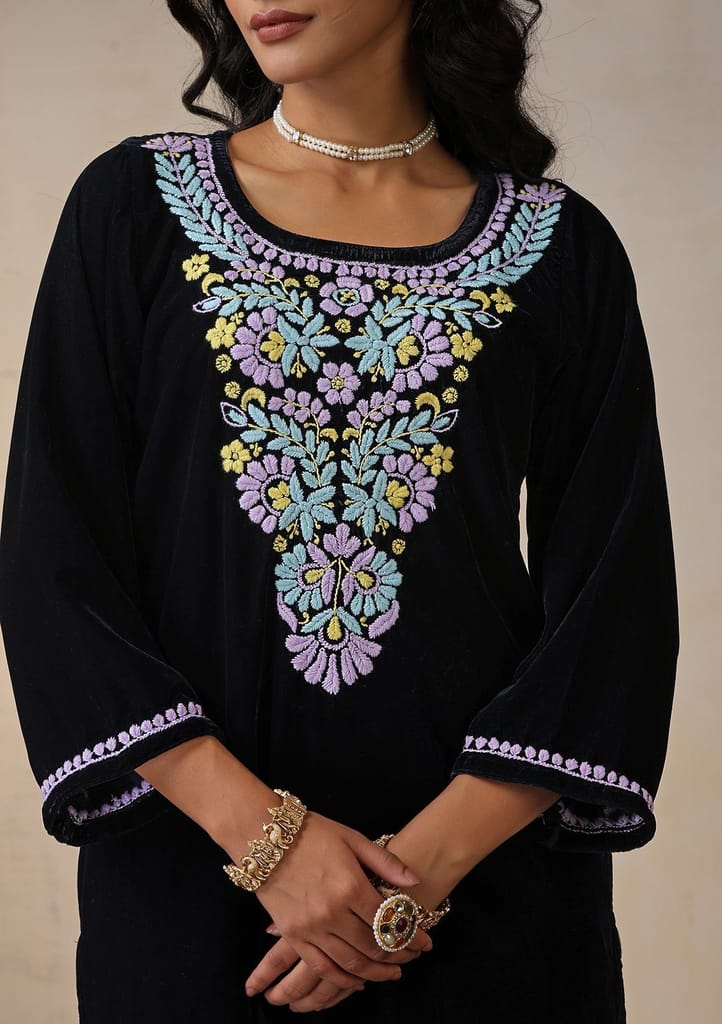 Velvet Chikankari Solid Women's 2 PC Long Kurta Set - Navy Blue view 2