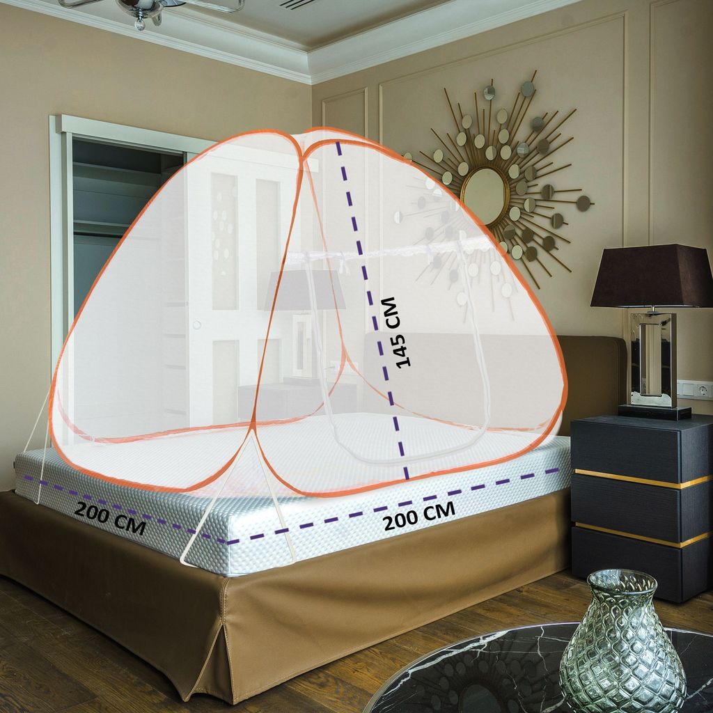 GLOBAL IMPEX Foldable Mosquito Net for King Size Double Bed – 30 GSM Polyester Machardani with Rustproof PVC Coated Steel Frame – Easy Setup for Home Use (White & Orange) view 2