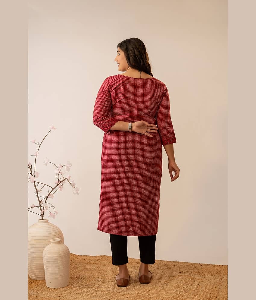 AMTHI Women 100% Cotton Printed Straight Kurti ( Red ) view 2