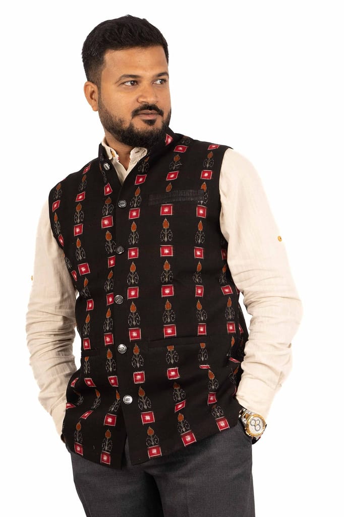 GHL � GUENDICHA HAAT LLP Sambalpuri Certified Handloom Men's Pure Cotton Modi Jacket view 2
