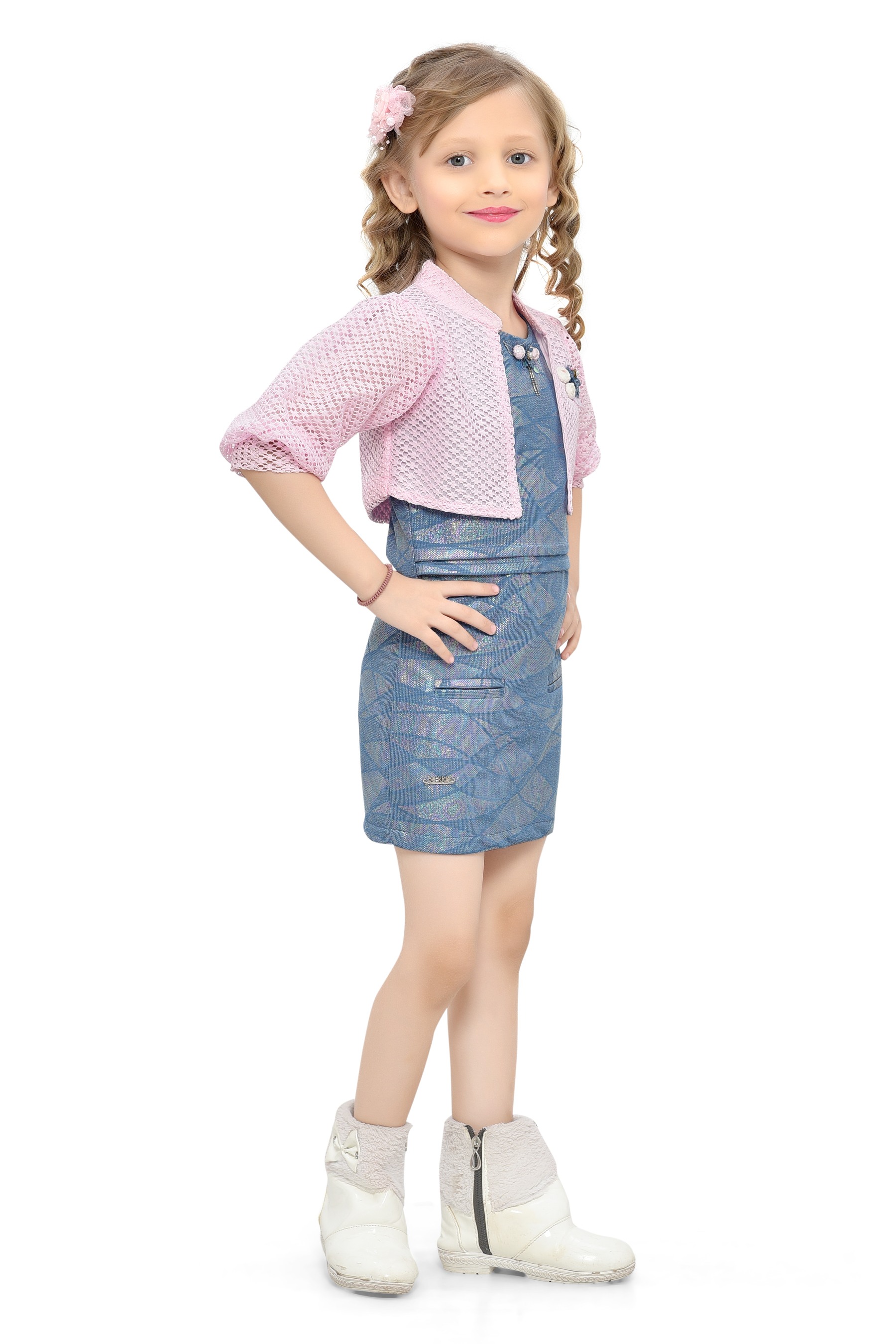 Be:Kids Chic Blossom Girls' Shimmering Blue Geometric Dress with Pink Crochet Shrug Set view 2