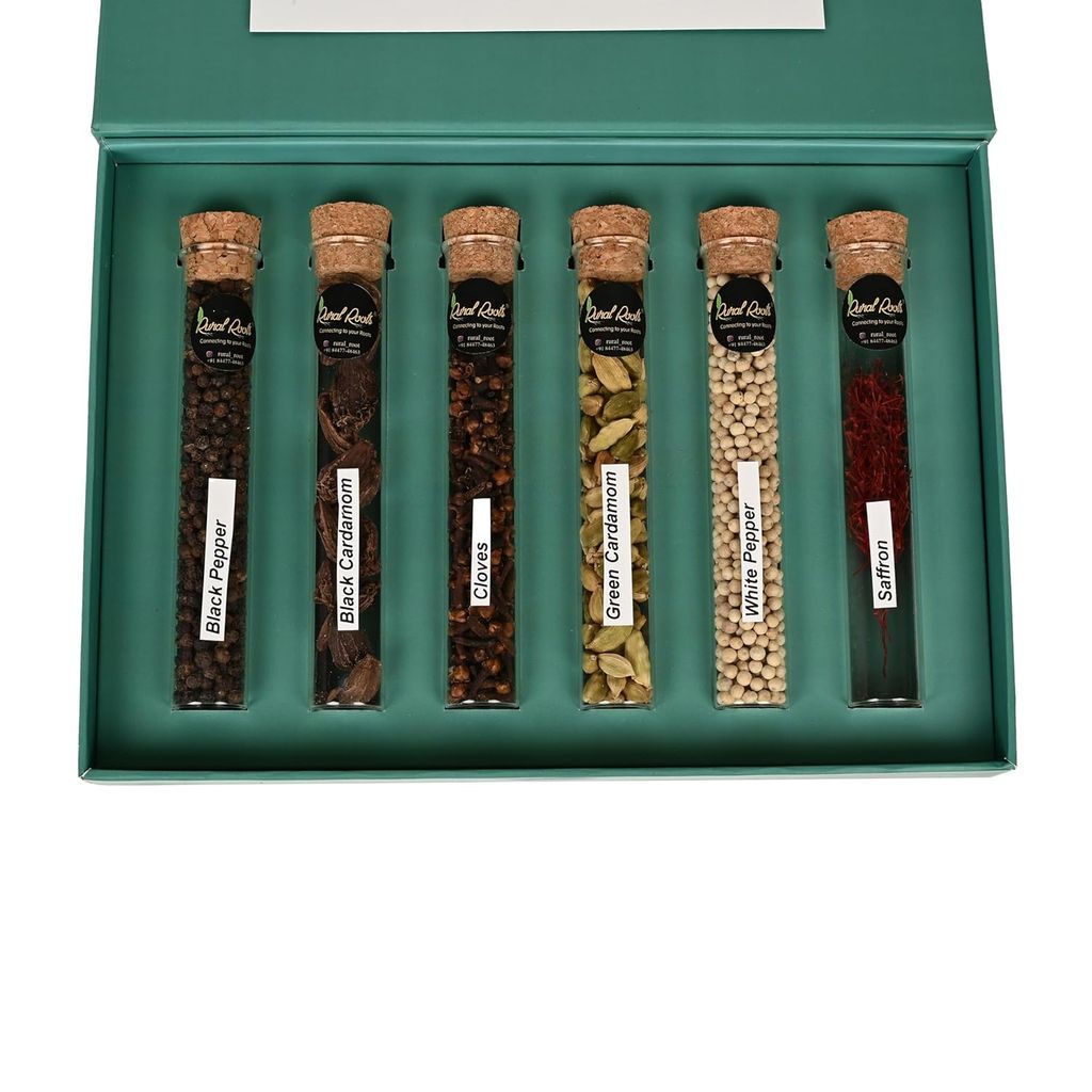 Rural Roots Zaika Sutra Diwali Gift Hamper | Spices Gift Box with 6 Test Tubes (Black Cardamom, Green Cardamom, Cloves, Black Pepper, White Pepper, Laung) | Festive Deepawali & Corporate Gifting | Masala Set view 2