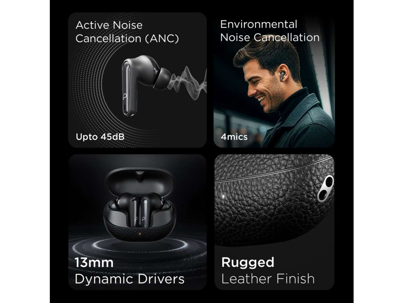 Pebble Blissbuds Noir True Wireless Earbuds, ANC & ENC, Deep Bass, 4 Mics, Premium Leather Texture, Dual Pairing, Voice Assistant, Snug Secure Fit view 2