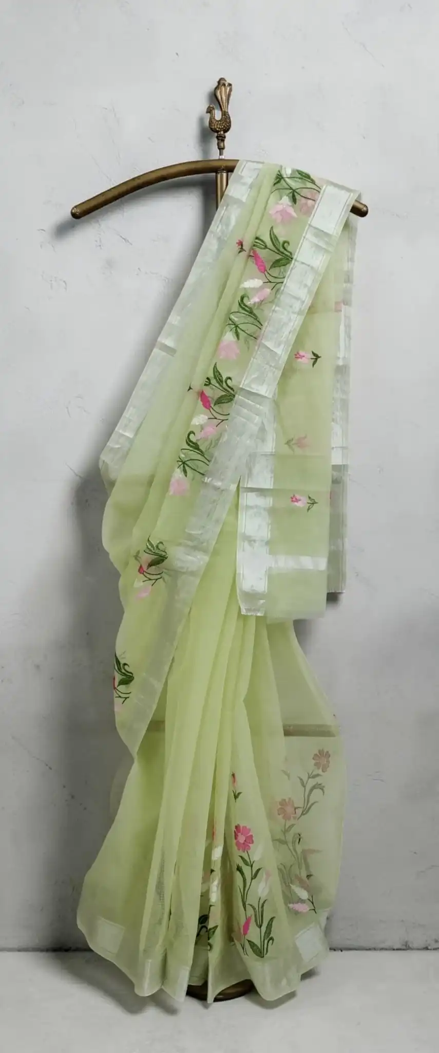 Pistachio Green Kota Doria Saree with Block-Printed Florals and Zari Border view 2