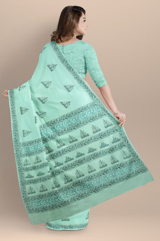 Mint Green Tribal Motif Hand Block Print Malmal Cotton Saree SKU-AS10032 view 2