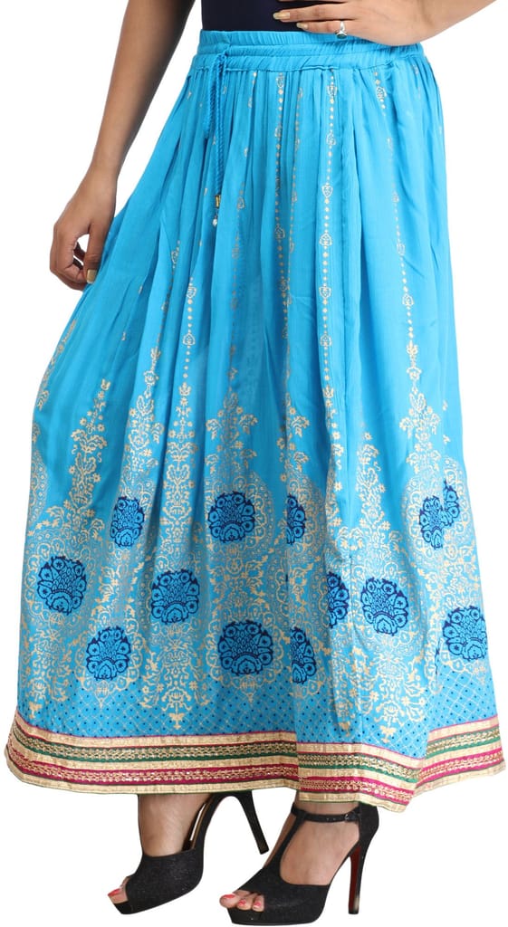 Cyan-Blue Embellished Long Skirt with Golden Print and Embroidered Patch Border view 2