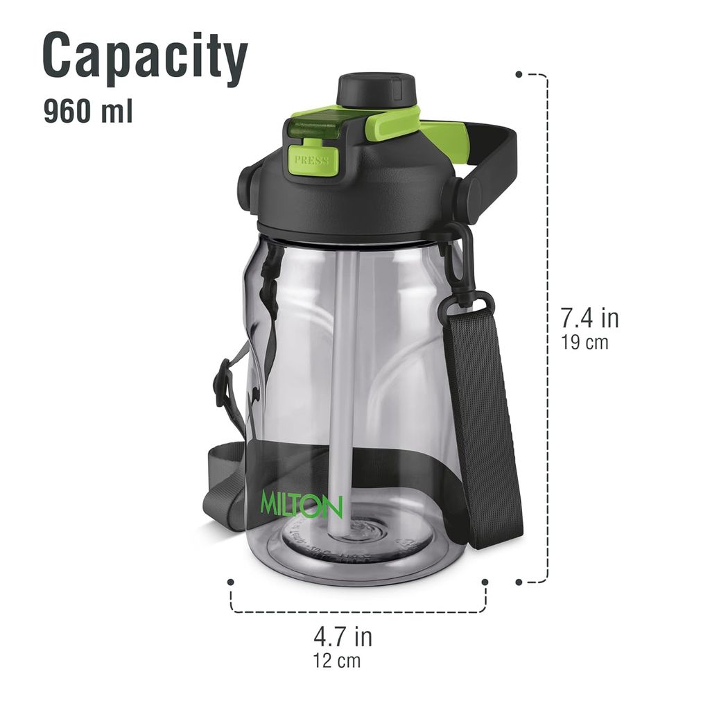MILTON Eros 1000, 2-in-1 Sip or Gulp Lid Water Bottle 960ml | Unbreakable - Crystal Clear Plastic | Leak-Proof & BPA-Free, One-Click Open | Ideal for School, Office, Gym & Travel Use view 2