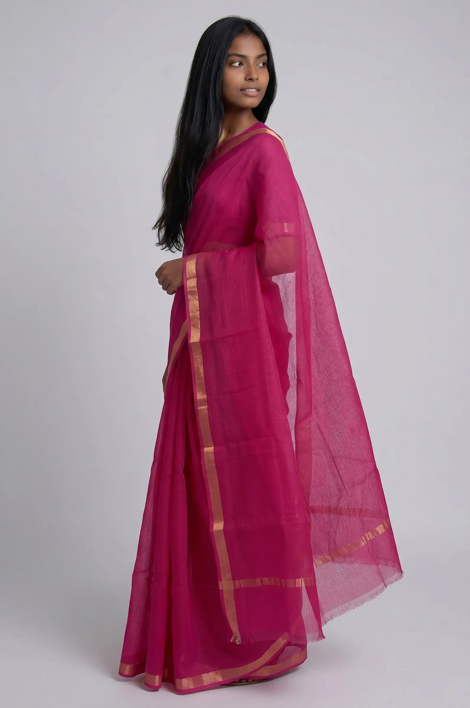 Kota Doria Cotton Saree Magenta Pink Gold Zari Border view 2