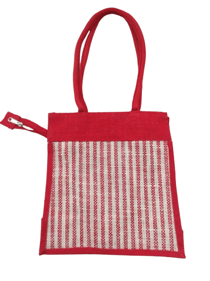 Red and White Striped Jute Tote Bag with Button Closure view 2