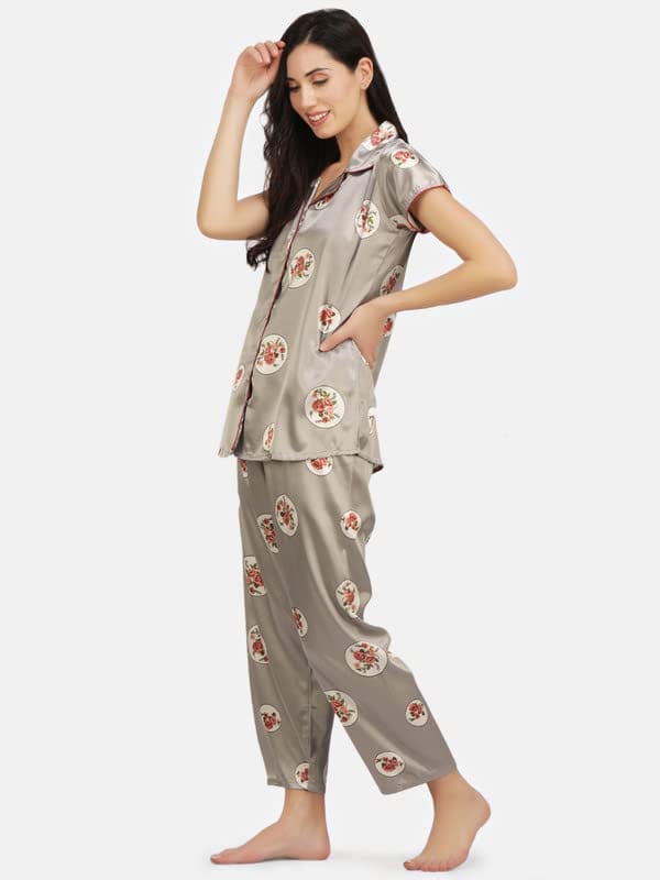 KOI SLEEPWEAR Satin Grey Rose Flowers Nightsuit for Women view 2